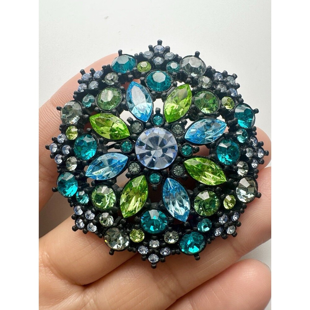 Green Blue Rhinestone Flower Pin Brooch - Picture 2 of 7